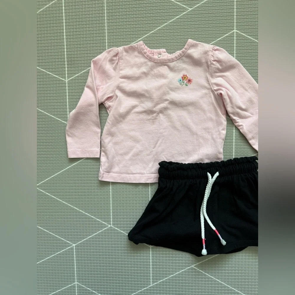 Little Me|Baby girl/toddler summer set,light Pink Long-Sleeve Top & black skort•